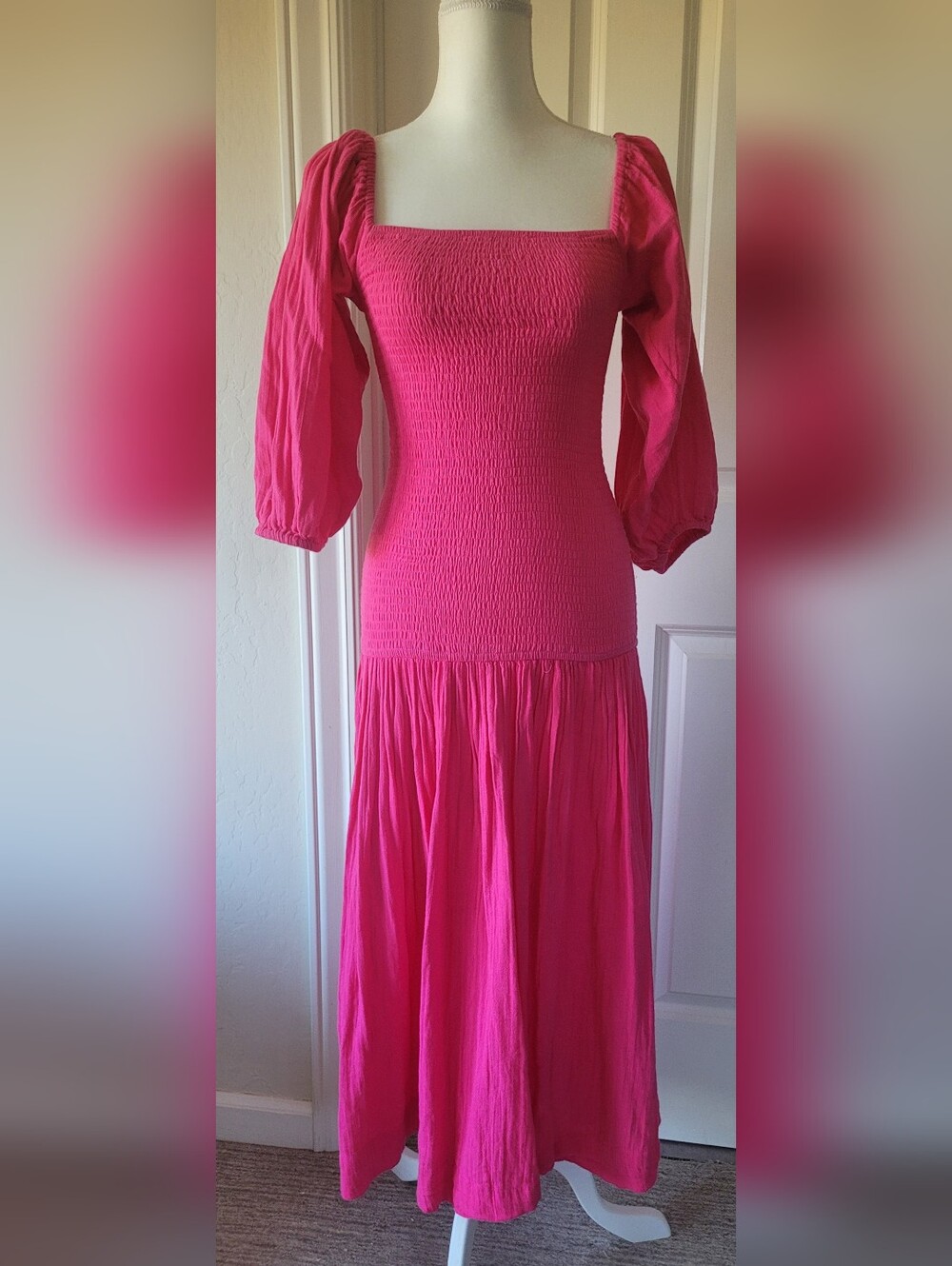 RHODE Hot Pink Smocked Maxi Dress with Puff Sleeves
